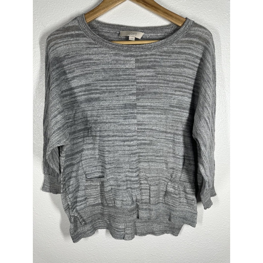 LOFT Sweater Womens Large Gray Stripe‎ Crew Neck 3/4 Dolman Sleeve Pockets